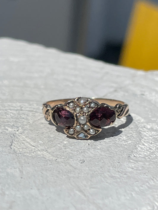 10k Gold Antique Rhodolite Garnet & Southwest India Pearl Cluster Ring