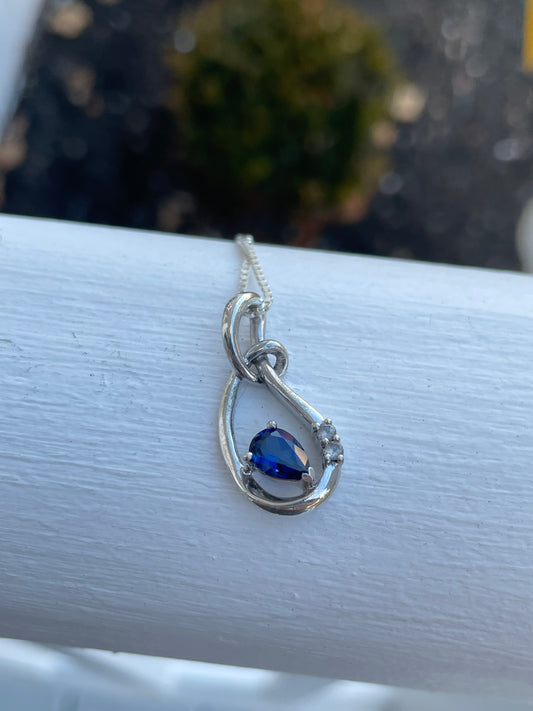 925 Sterling Silver Abstract Pear Shaped Lab Sapphire Necklace