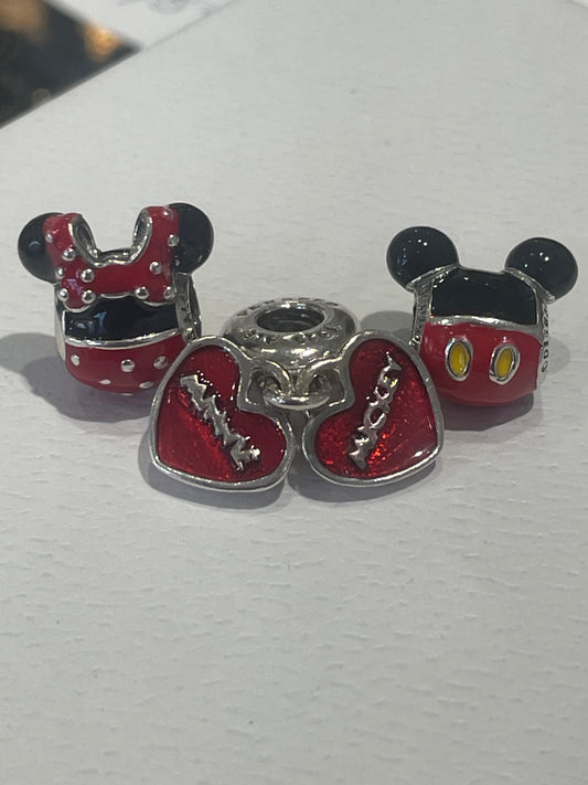 Pandora Disney 3pc Lot Mickey & Minnie Love Heart Set
