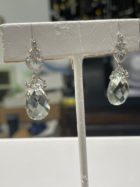 925 Sterling Silver Praisolite & Cz Dangle Earrings