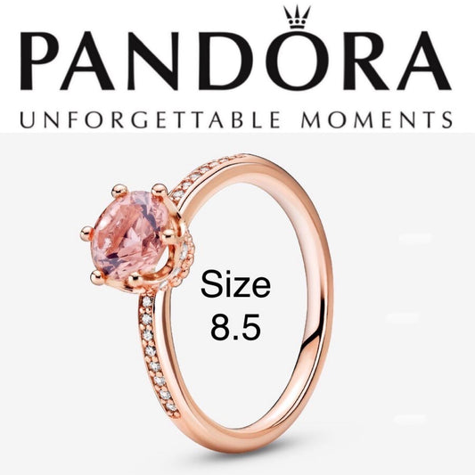 Pandora Pink Sparkling Crown Solitaire Ring w/ 14k rose gold plating 188289C01 Size 8.5