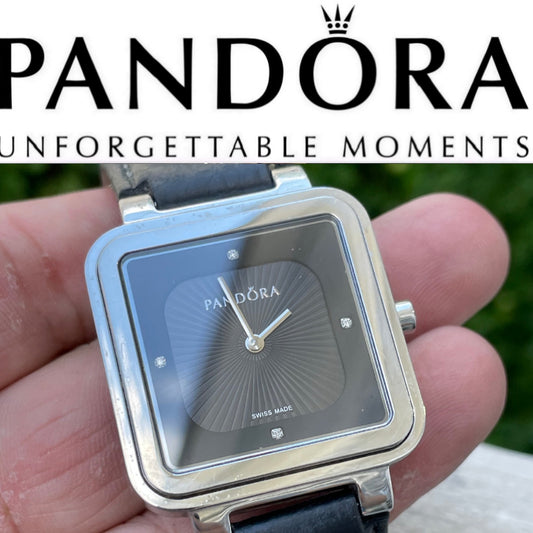 Pandora Liquid Silver Black Leather Watch
