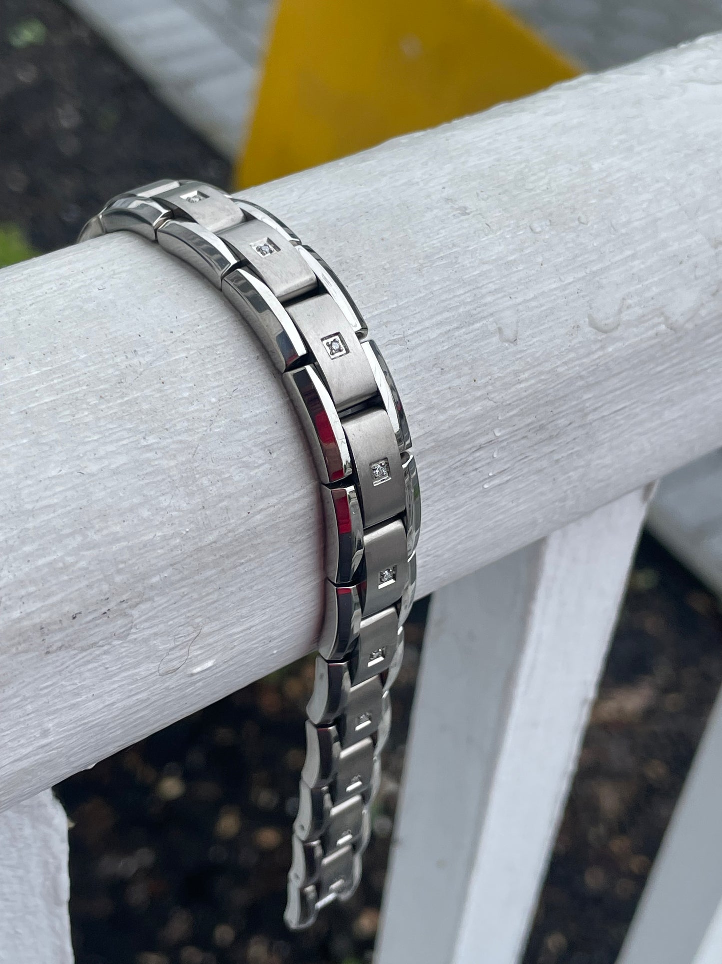 Stainless Steel & Titanium Natural Diamond Link Bracelet 8.75”