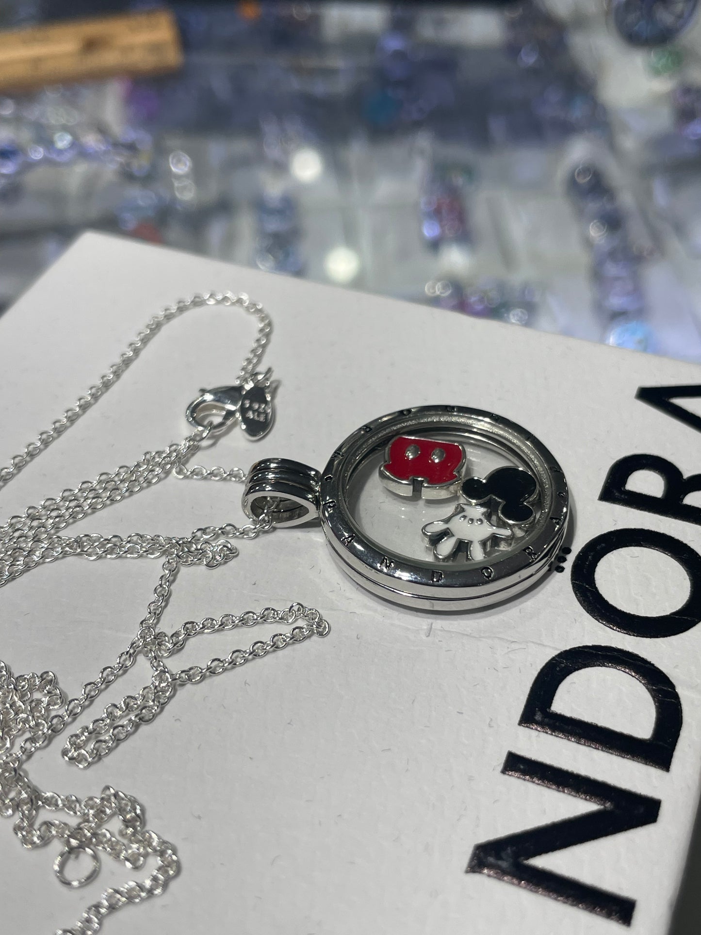 Retired Pandora Medium Locket Necklace with Mickey Mouse Disney Petite Charms