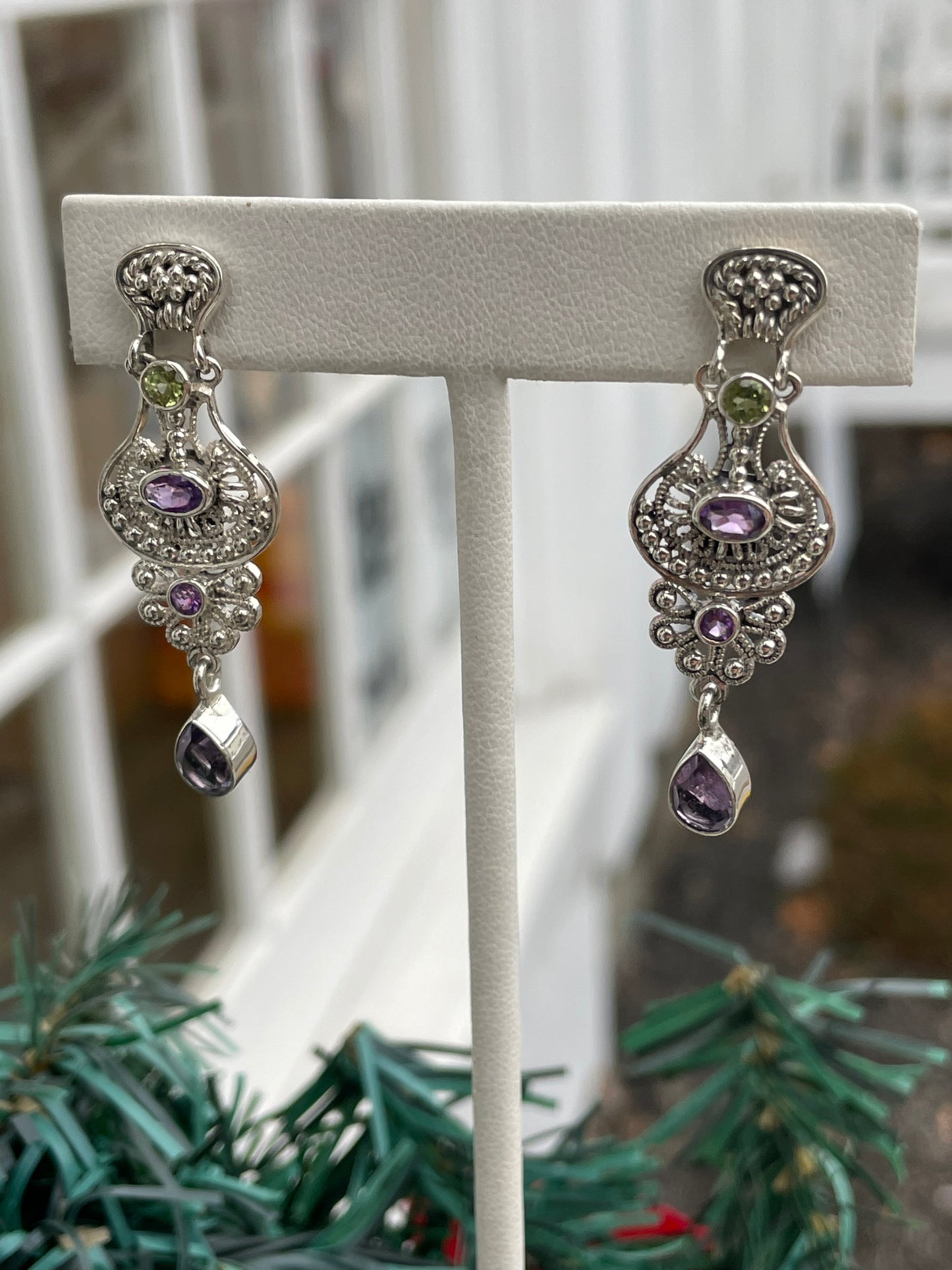 Designer SLG 925 Sterling Silver Amethyst & Peridot Dangle Earrings