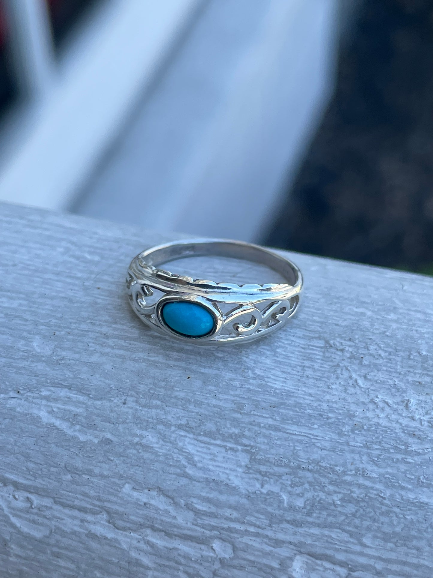 925 Sterling Silver Openwork Filigree Turquoise Band Ring Size 7
