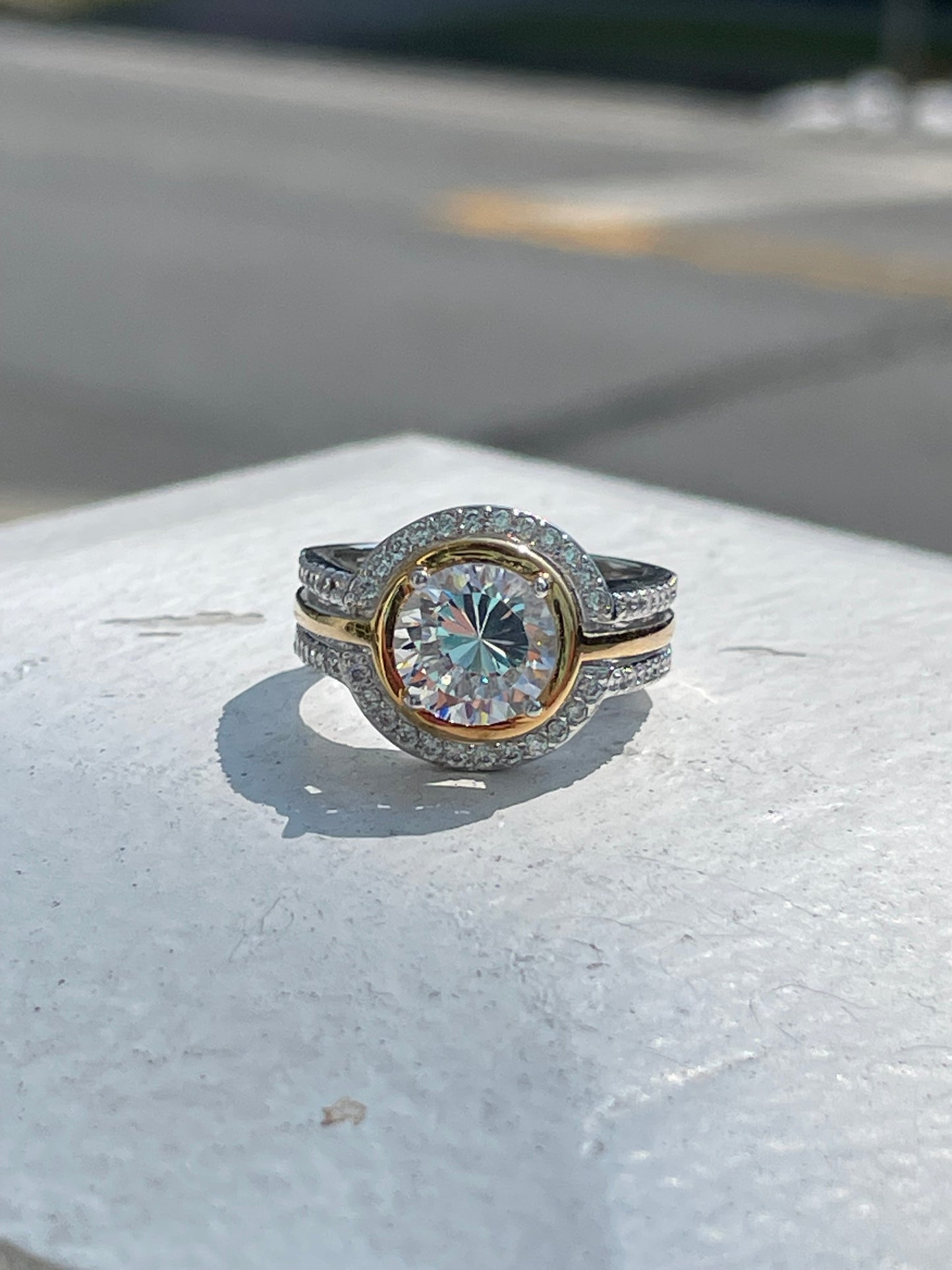 925 Sterling Silver & Vermeil 2tone Large Cz Insert Ring with Halo