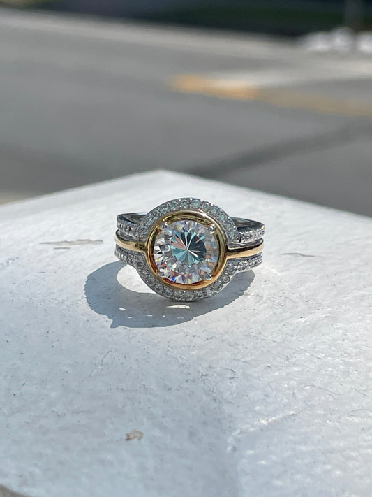 925 Sterling Silver & Vermeil 2tone Large Cz Insert Ring with Halo