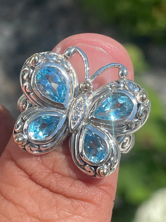 Designer ATR 925 Sterling Silver & 14k Gold Blue Topaz Butterfly Ring Size 9