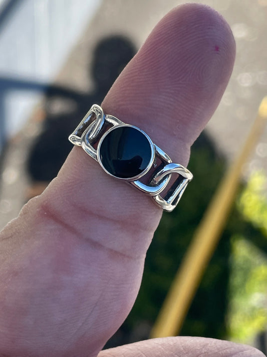 925 Sterling Silver Open Size Gucci Link Signet Black Onyx Ring