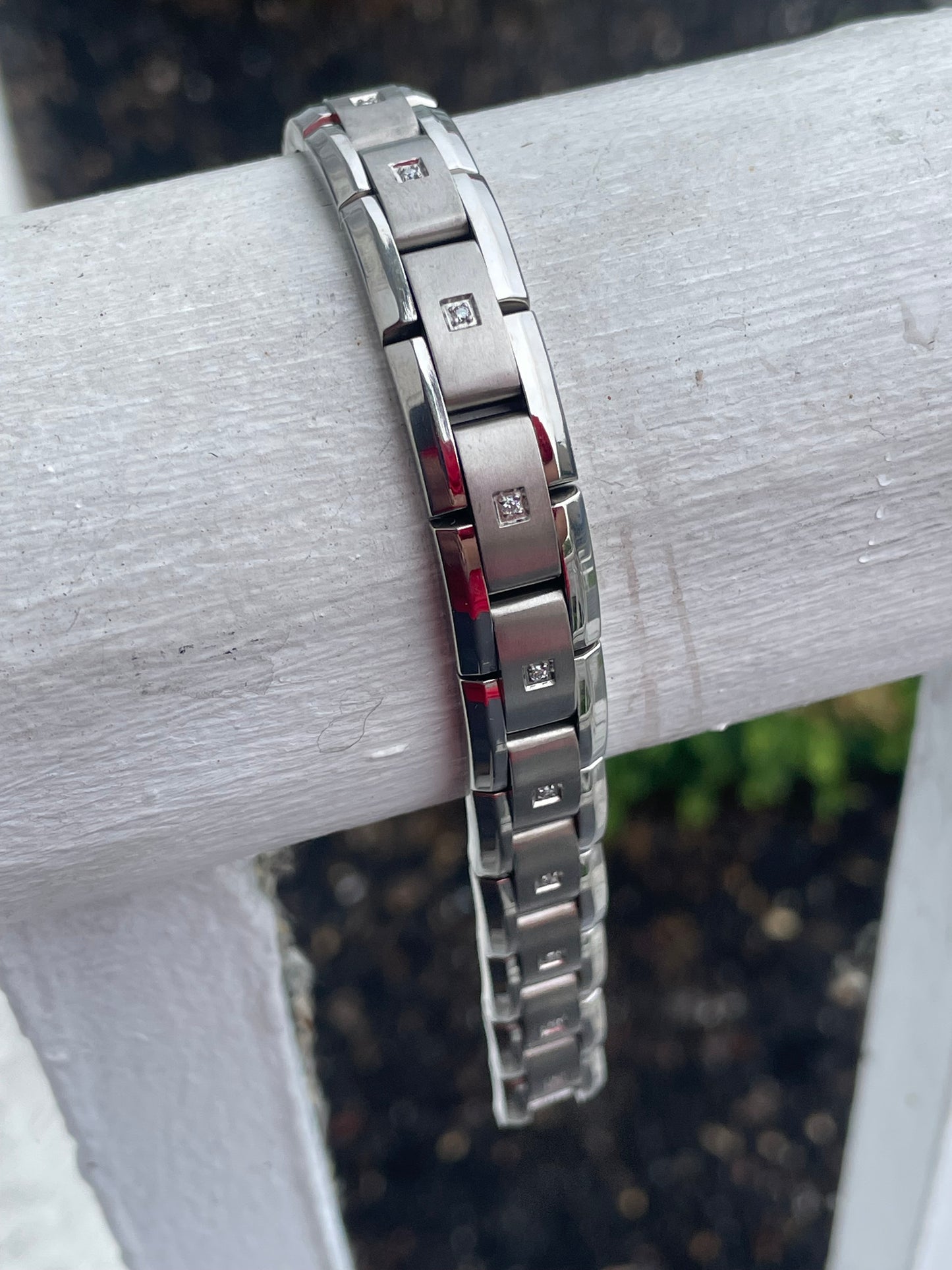 Stainless Steel & Titanium Natural Diamond Link Bracelet 8.75”
