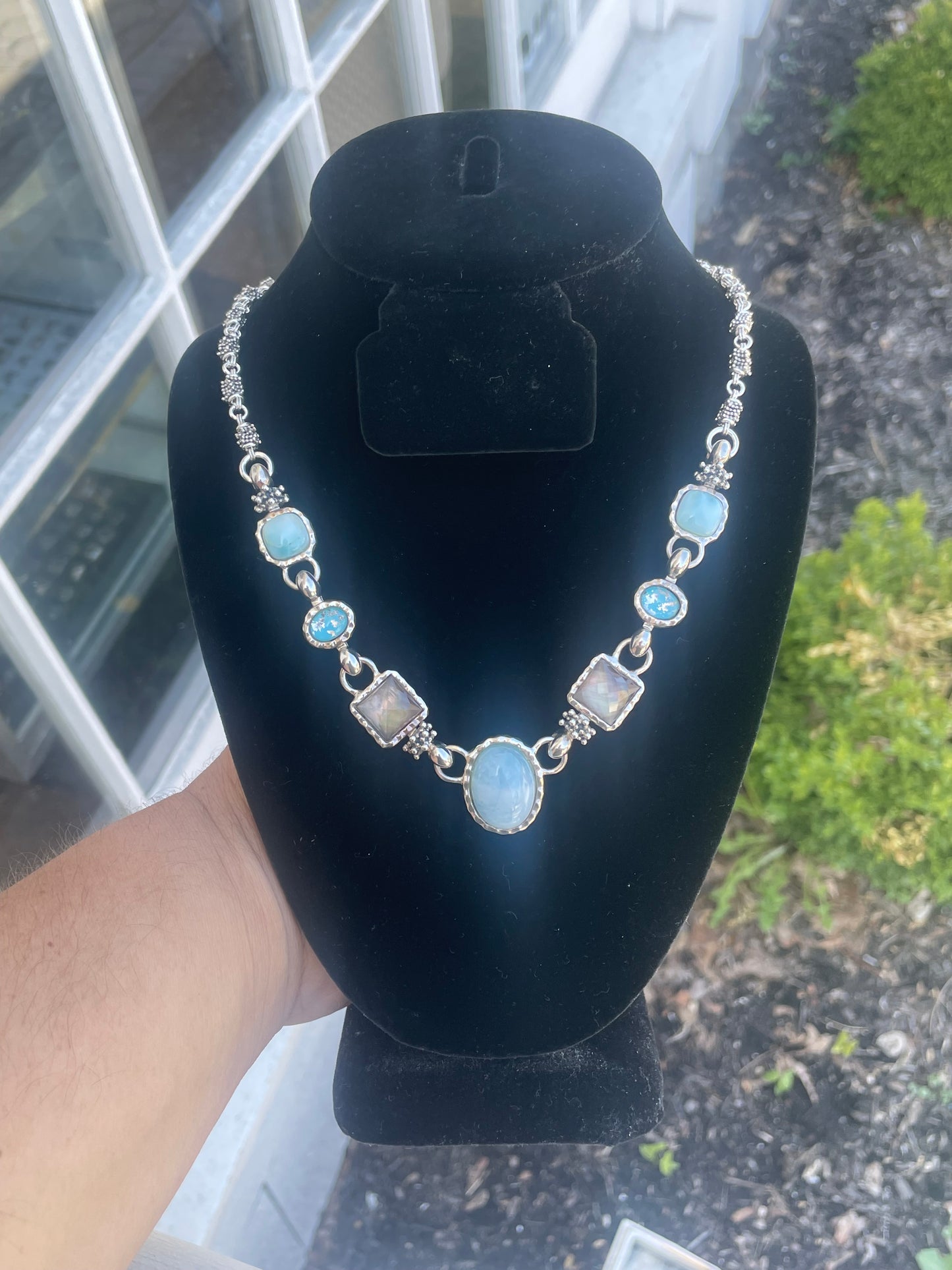 Designer Michael Dawkins Aquamarine, Mother of Pearl, Turquoise, and Larimar Statement Necklace