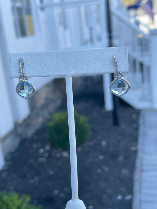 925 Sterling Silver Blue Topaz & Cz Drop Earrings