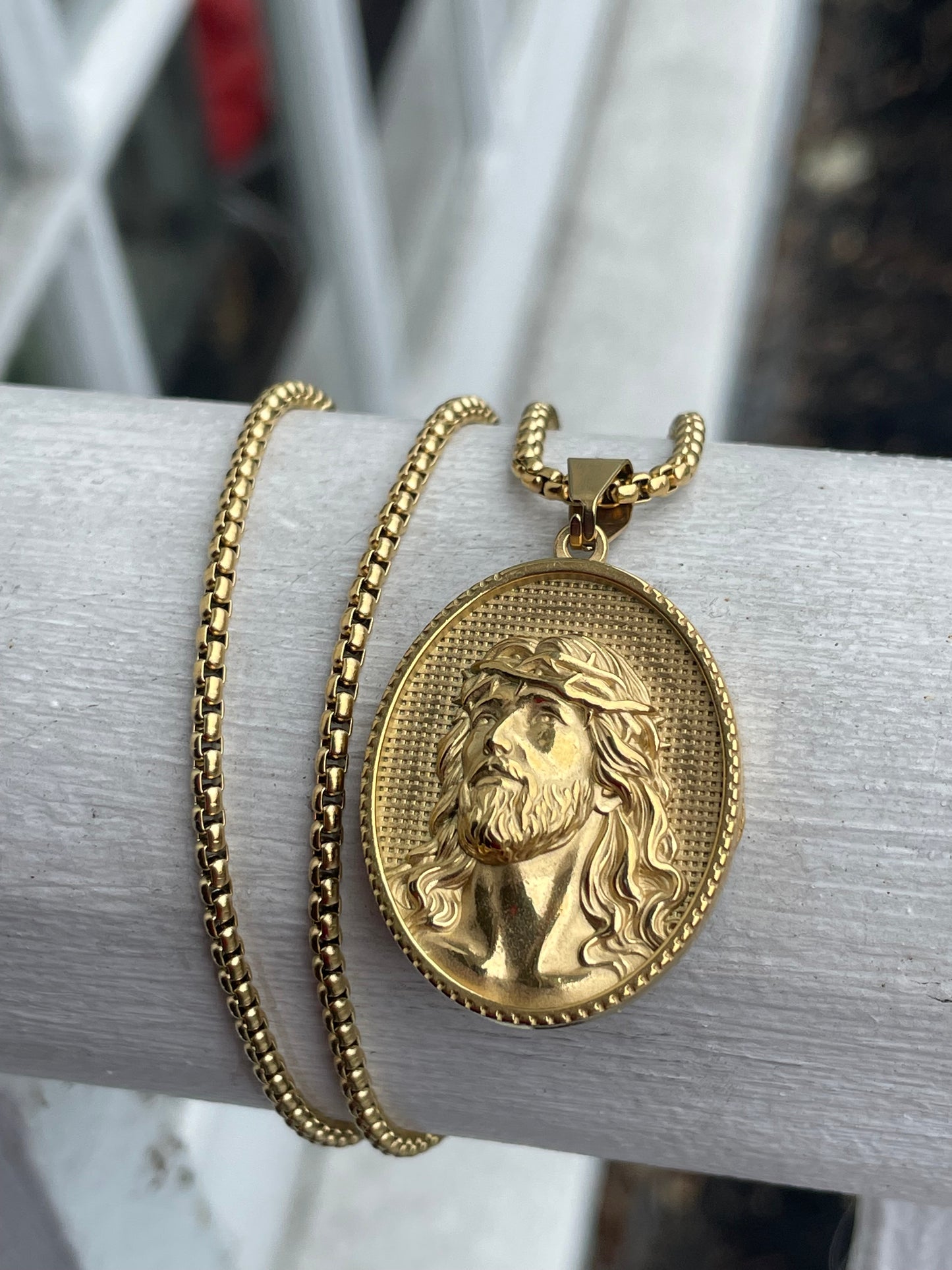 Stainless Steel Vermeil Oval Jesus Portrait Necklace 23”