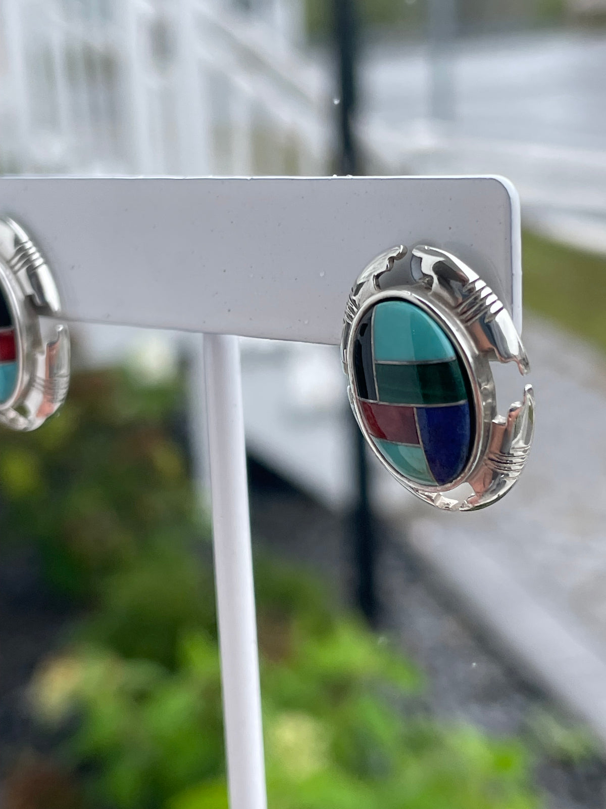 Designer 925 Sterling Silver Carolyn Pollack Multi Inlay Stone Oval Stud Earrings