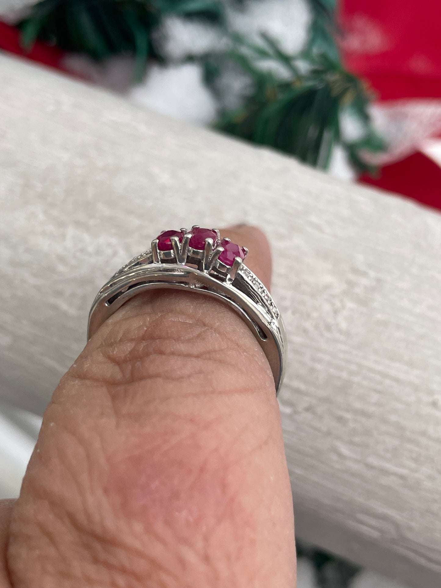 925 Sterling Silver Past Present Future Natural Ruby & Diamond Ring Size 8