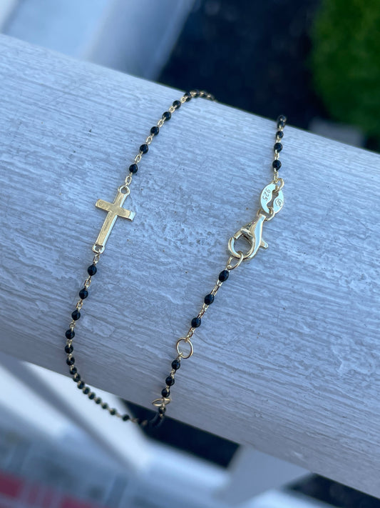 925 Sterling Silver Vermeil Black Beaded Cross Anklet 9”-10”