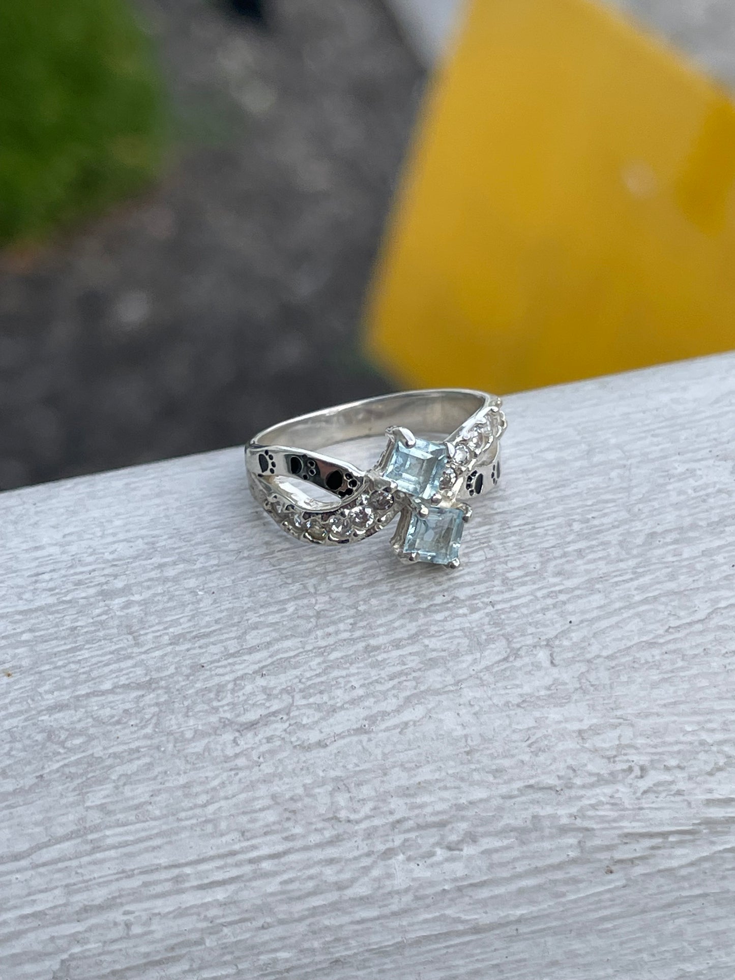 925 Sterling Silver Aquamarine & Cz Cross over Paw print Ring