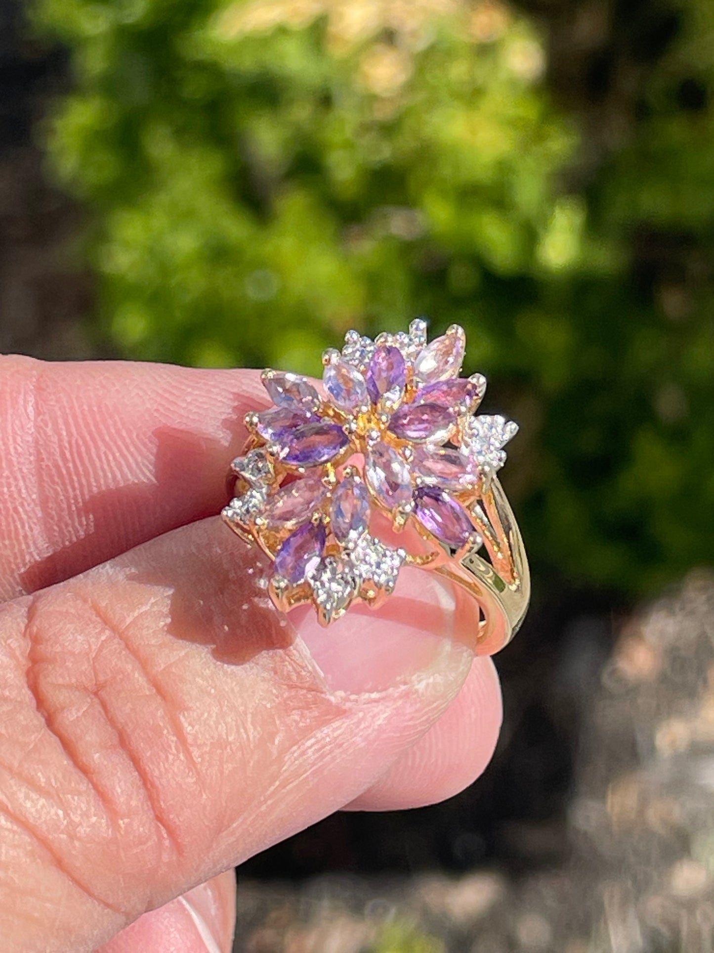 925 Sterling Silver Natural Amethyst & Diamond Cluster Ring Size 7
