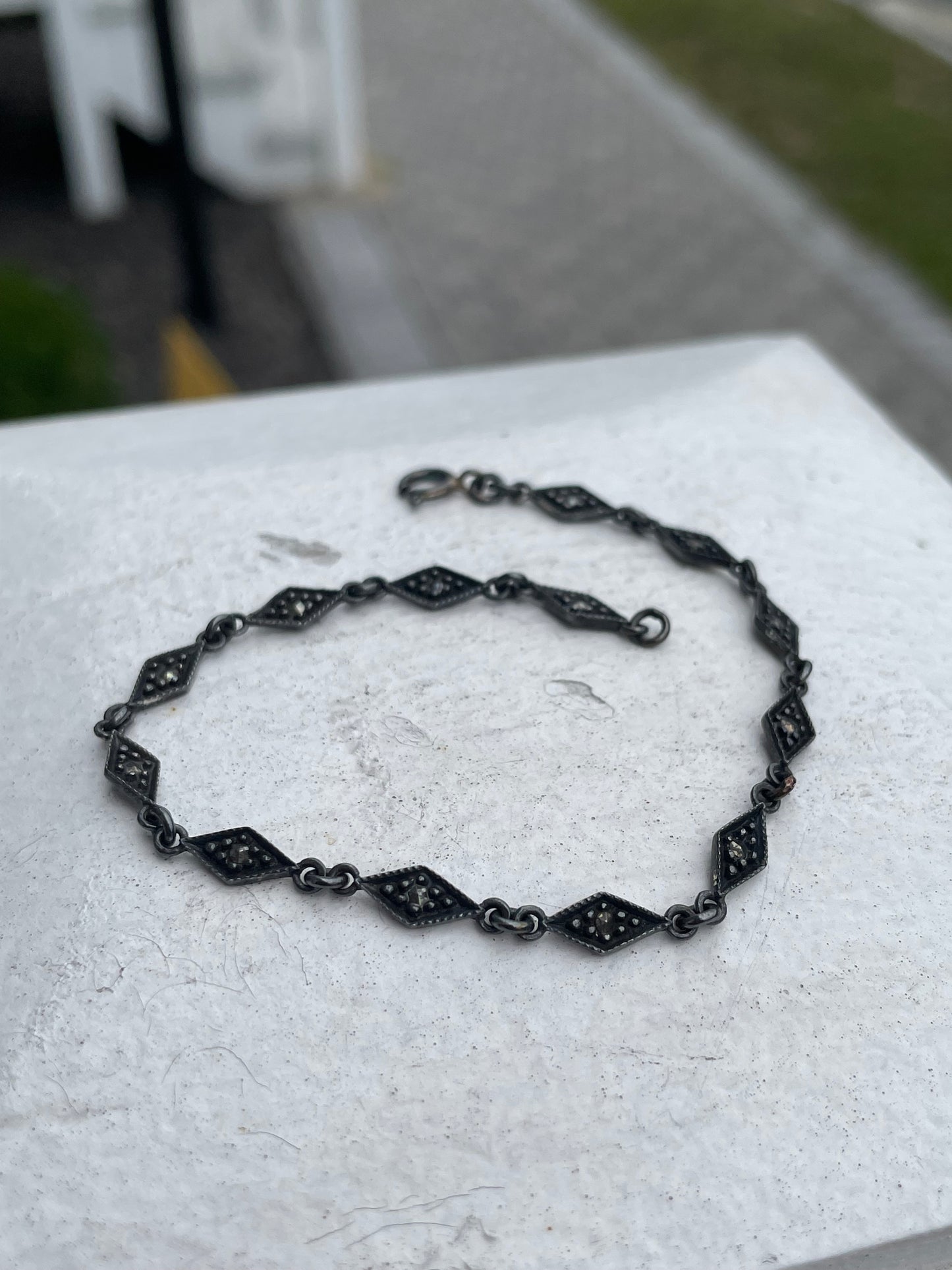 925 Oxidized Sterling Silver Marcasite Link Bracelet 7.25”