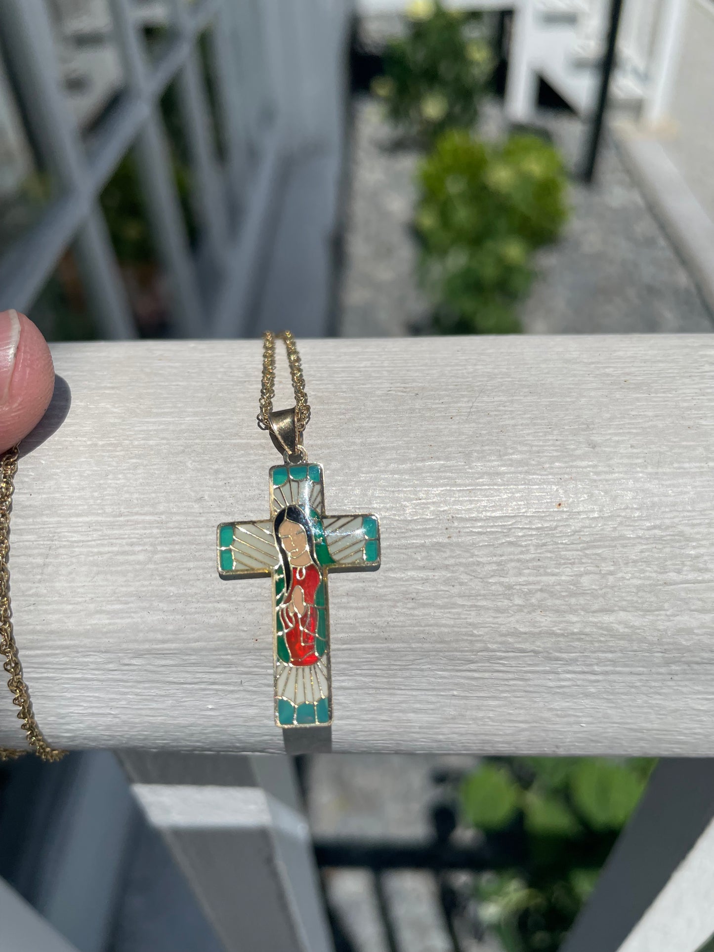 14k Gold Enameled Mother Mary Cross Necklace