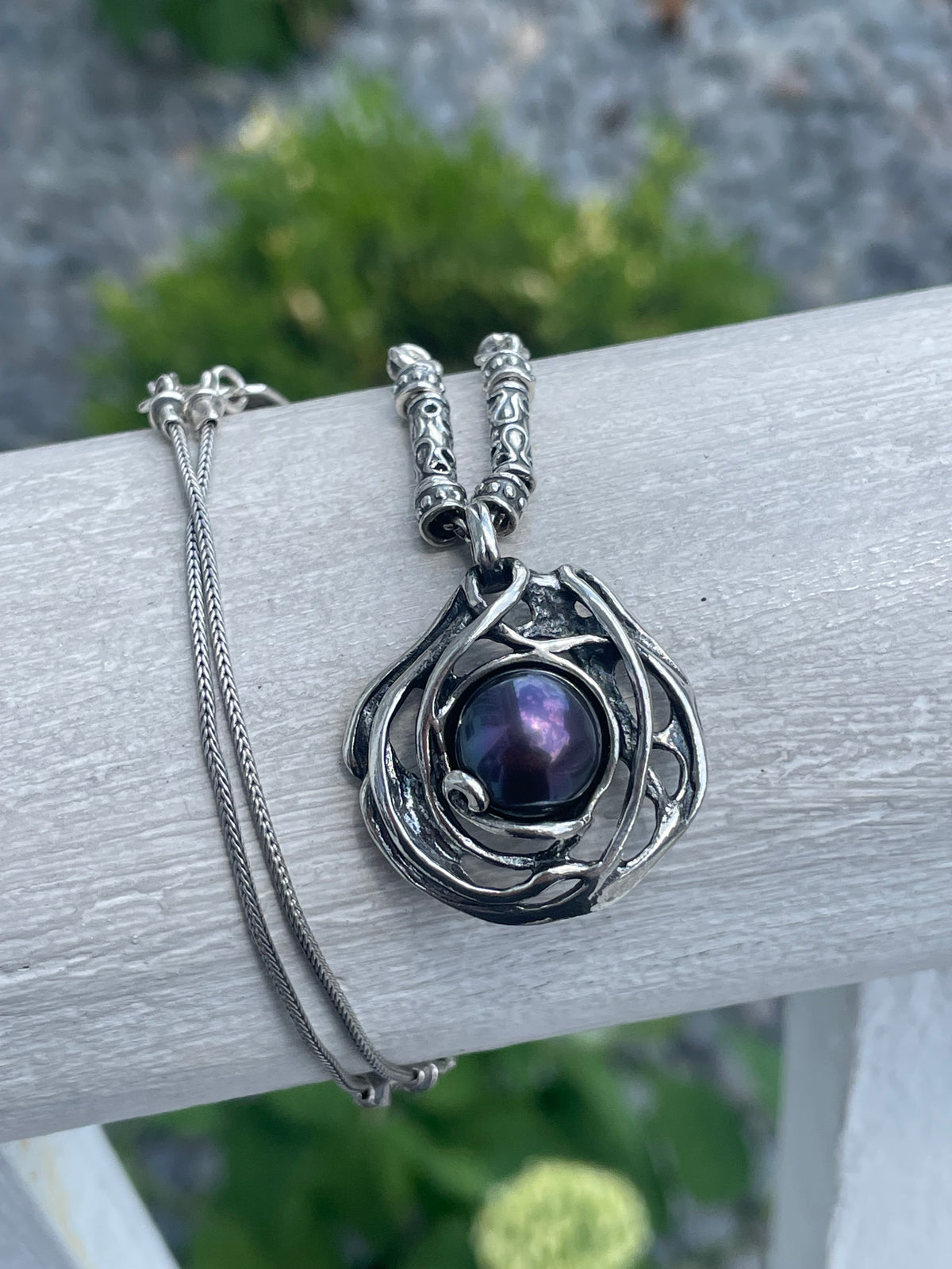 925 Sterling Silver Designer PAZ Made in Israel Black Pearl Amulet Necklace