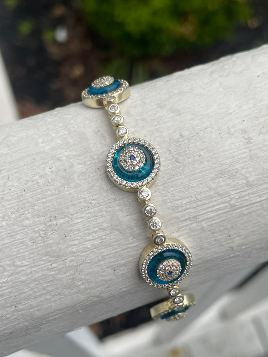 925 Sterling Silver Vermeil Blue Crystal Evil Eye Cz Tennis Bracelet 7”-8”