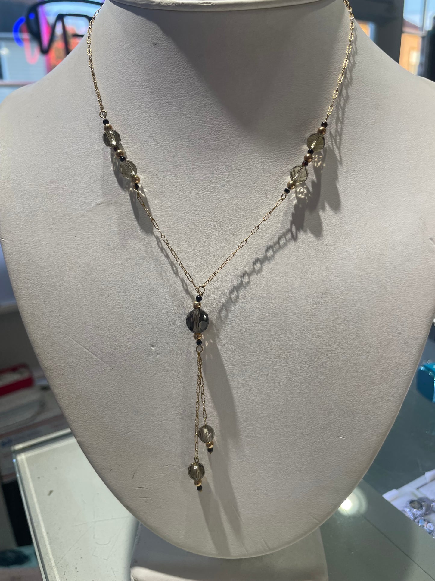 10k Gold Smoky Quartz & Black Onyx Beaded Plunge Necklace 15.5”