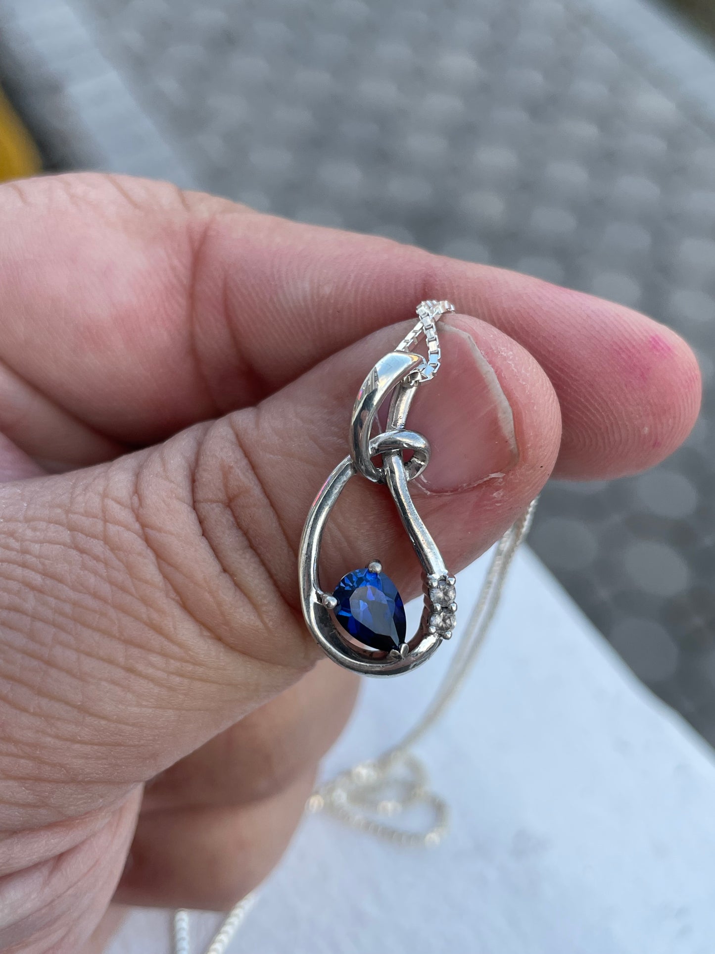 925 Sterling Silver Abstract Pear Shaped Lab Sapphire Necklace