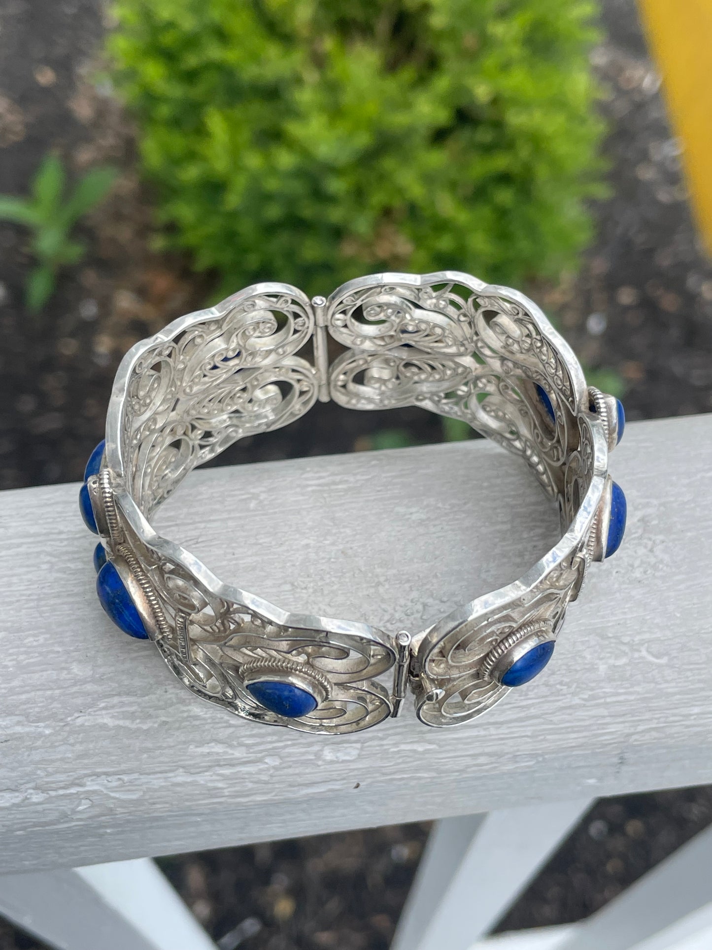 Designer BJ 925 Sterling Silver Open Filigree Blue Lapis Cuff Bracelet 7”