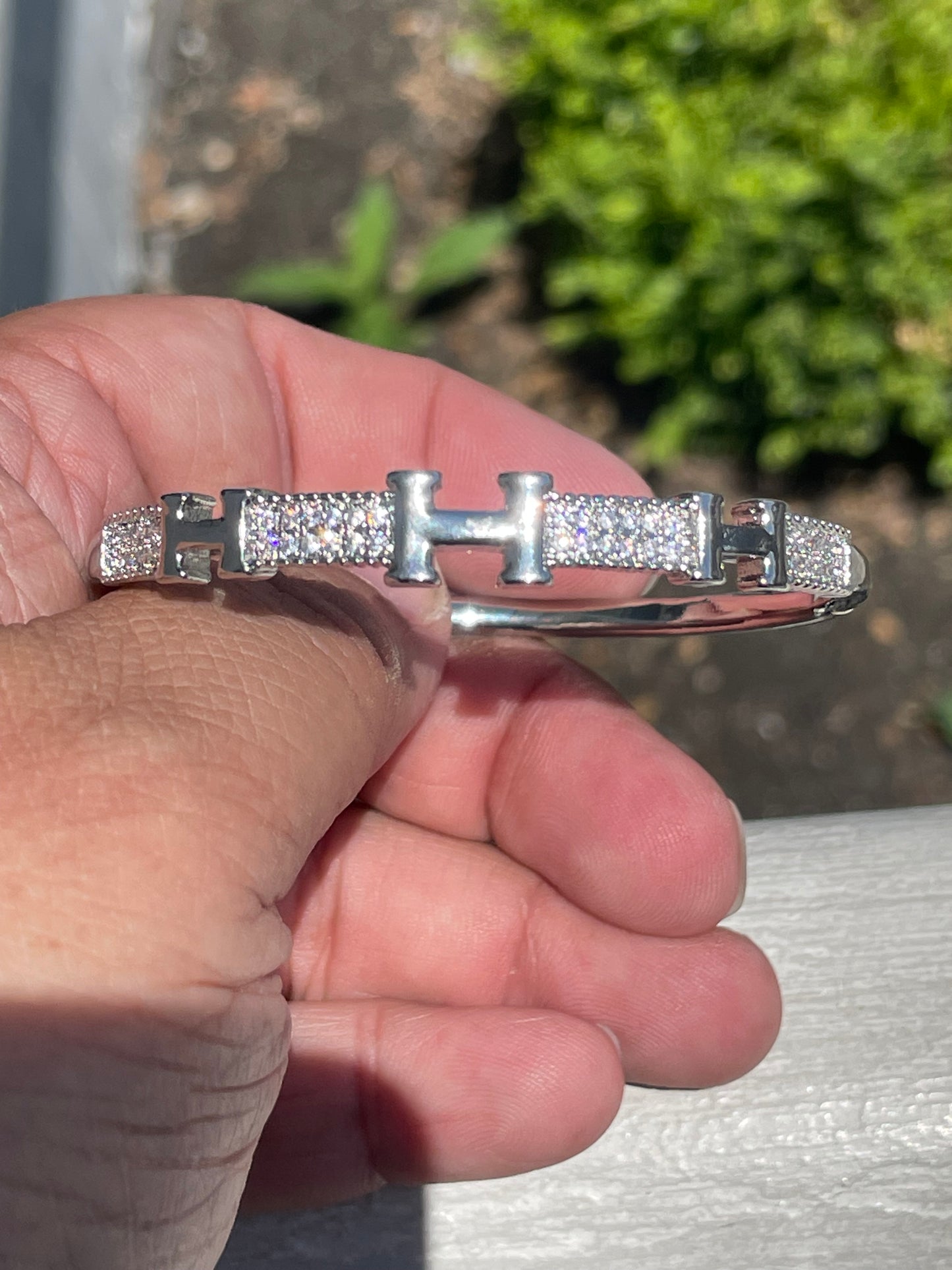 Stainless Steel Hermes Style H Logo Sparkling Cz Bangle Bracelet 7”