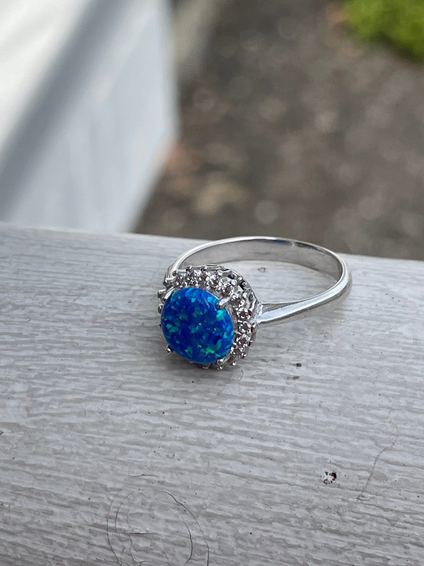 925 Sterling Silver Blue Opal & Cz Solitaire Ring Size 7