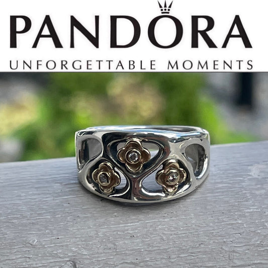 Retired Pandora 190154D - ALE 925 & 14K Gold Diamond Flower Ring Size 7.5