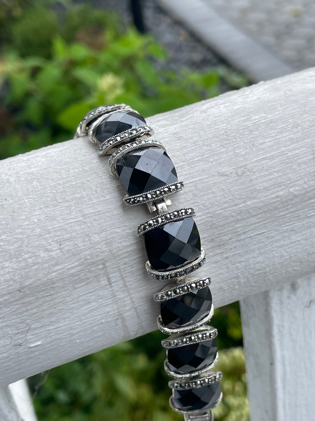 925 Sterling Silver Large Black Onyx & Marcasite Chunky Bracelet 8”