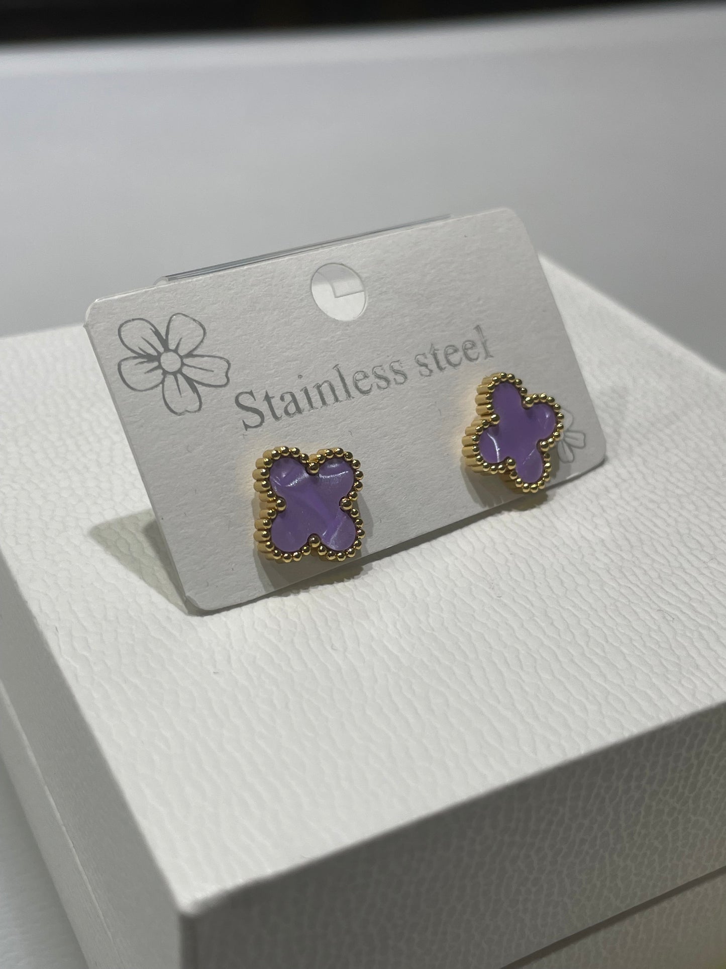Stainless Steel Vermeil Lavendar Purple Clover Van Cleef Style Post Stud Earrings