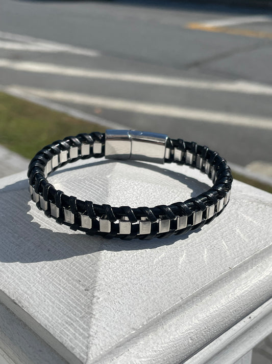 Stainless Steel & Black Leather 9.0” Mens Bracelet