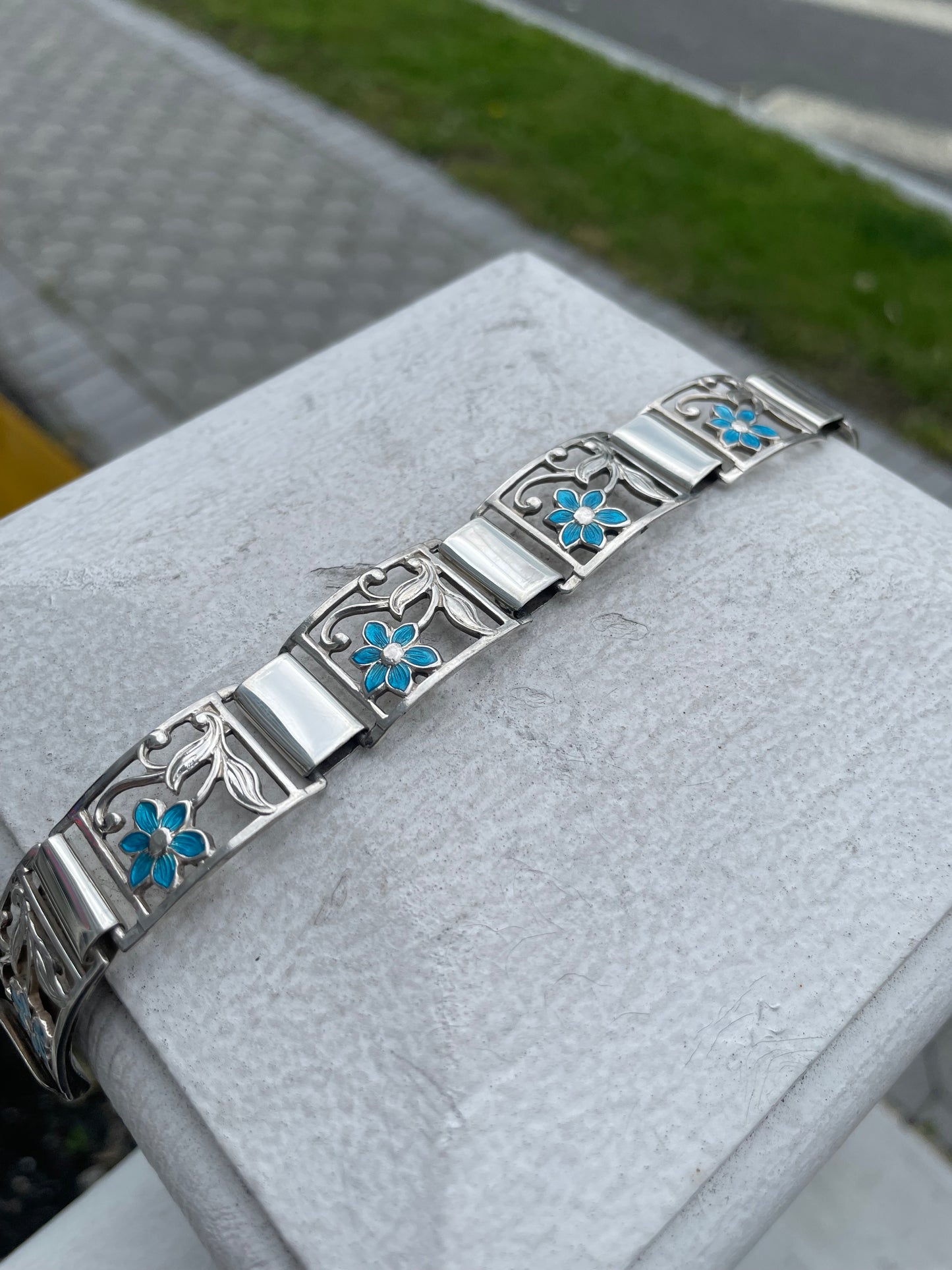 Designer Fir Munksgaard Denmark 925 Sterling Silver 309 Blue Flower Bracelet 6.75”