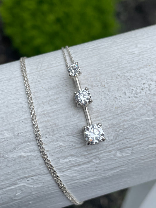 925 Sterling Silver Vertical Past Present Future Cz Drop Necklace 20”