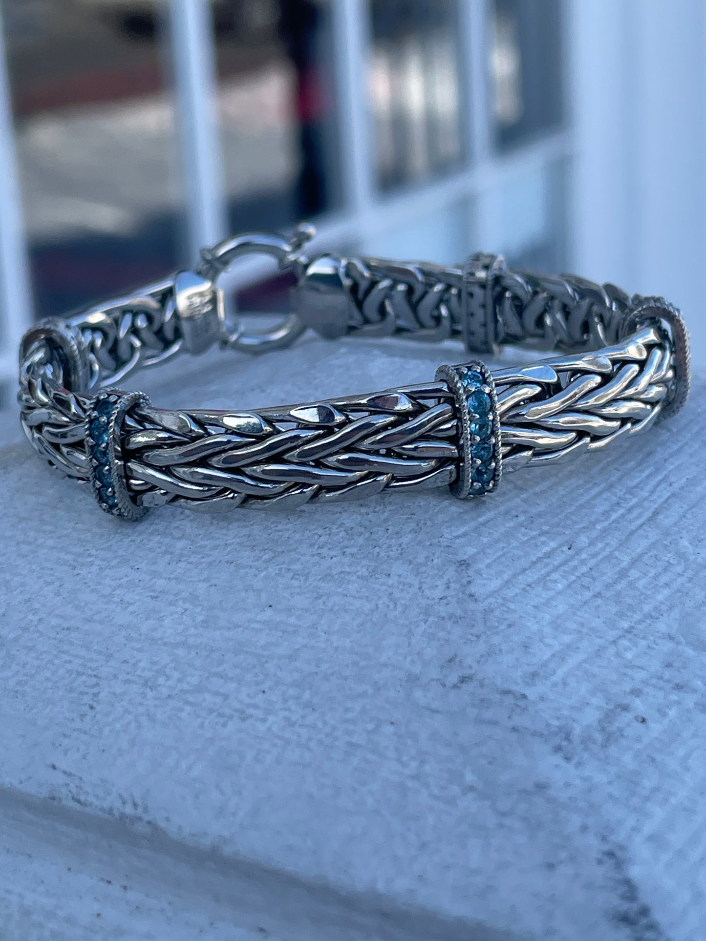 925 Silver Blue Topaz Station Woven Braided Bracelet 7”