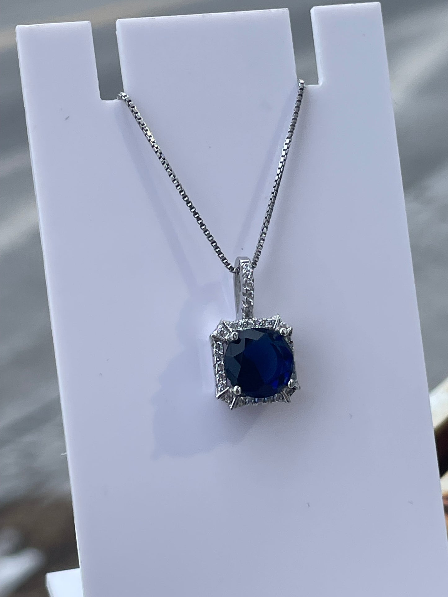 925 Sterling Silver Lab Created Sapphire & Cz Halo Solitaire Necklace