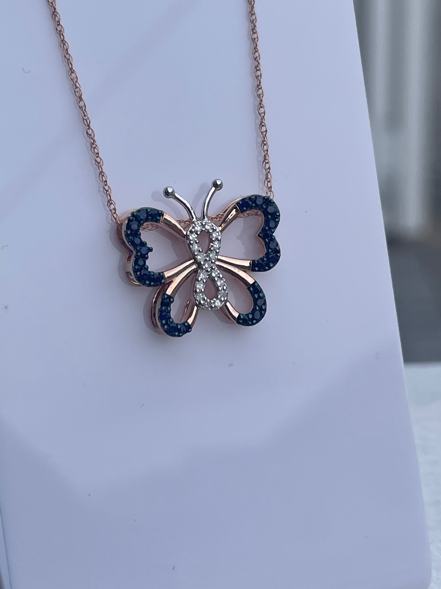 10k Rose Gold Natural Sapphire & Diamond Butterfly Necklace 18”