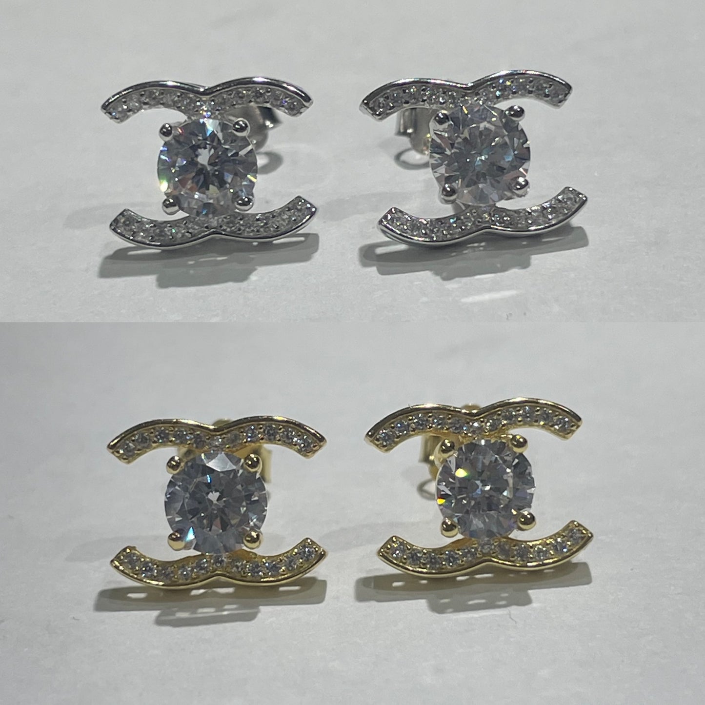 925 Sterling Silver Sparkling Petite Chanel Logo CC Stud Earrings