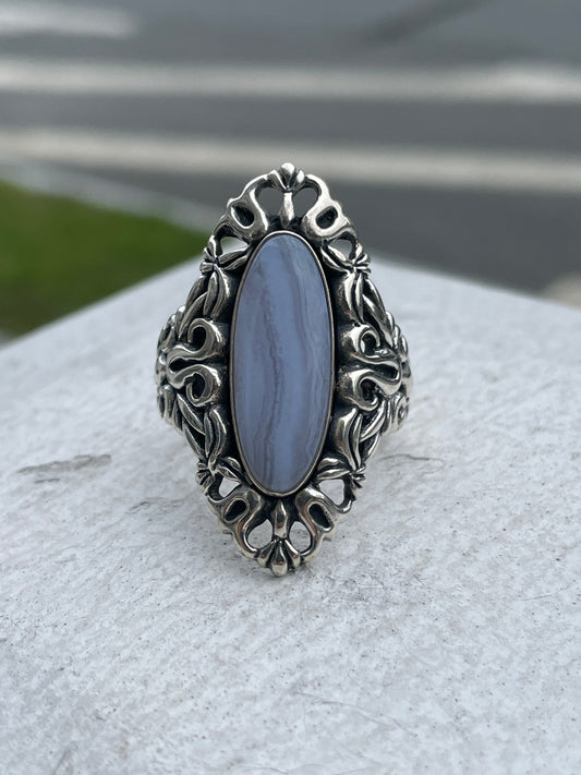 Designer Carolyn Pollack Roderick Tenorio 925 Sterling Silver Blue Lace Agate Ring Size 10