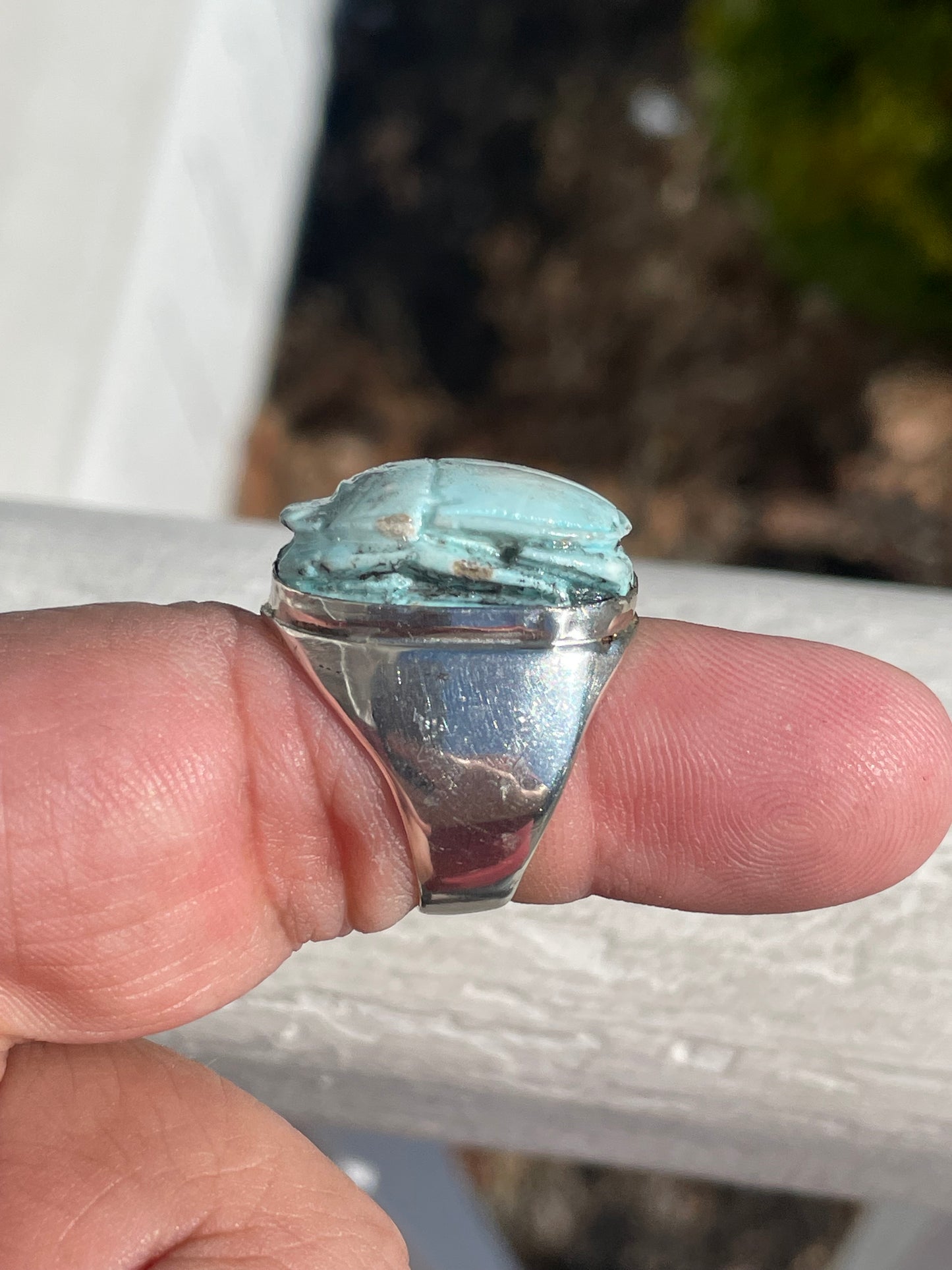 925 Sterling Silver Handmade Larimar Scarab Ring Size 7.5