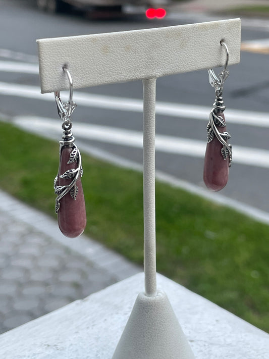 925 Sterling Silver Rhodochrosite Elongated Stone Dangle Earrings
