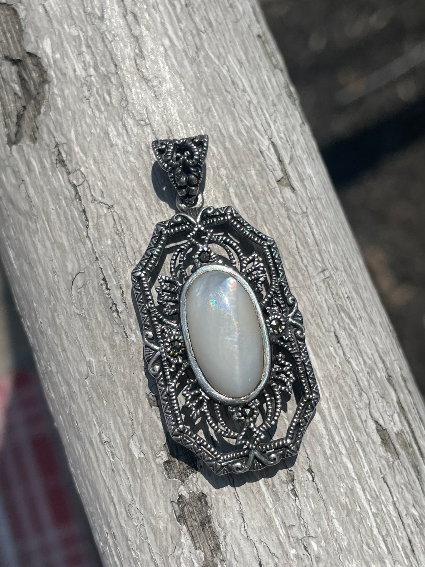 925 Sterling Silver Mother of Pearl & Marcasite Art Deco Pendant