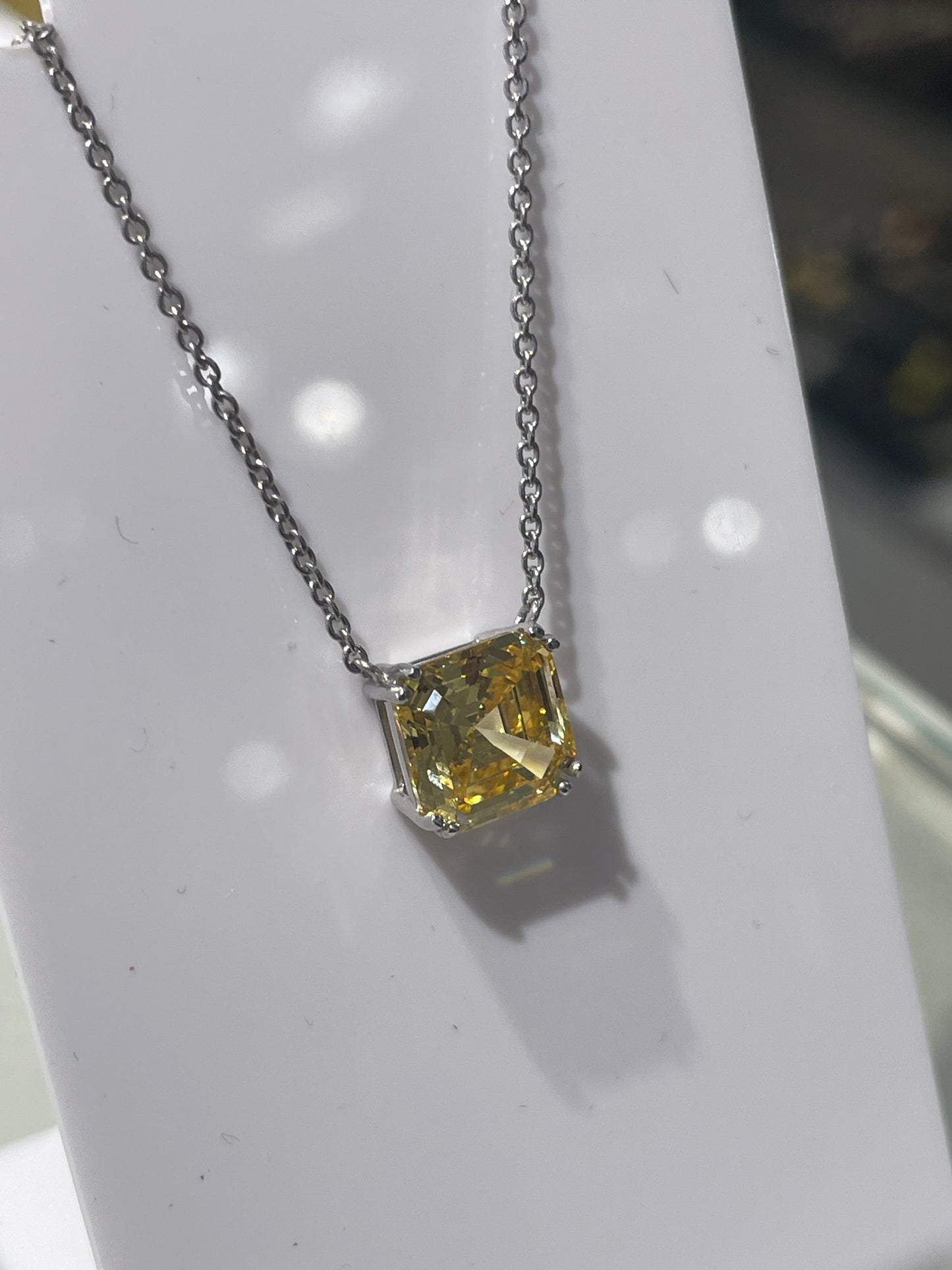 925 Sterling Silver Asher Cut Solitaire Citrine Necklace 16”-18”