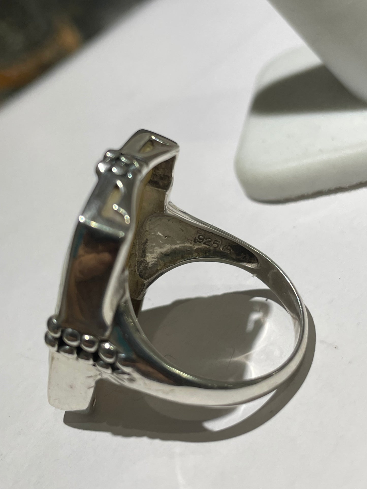 Large Hand Etched Mother of Pearl Signet 925 Sterling Silver Ring Size 8