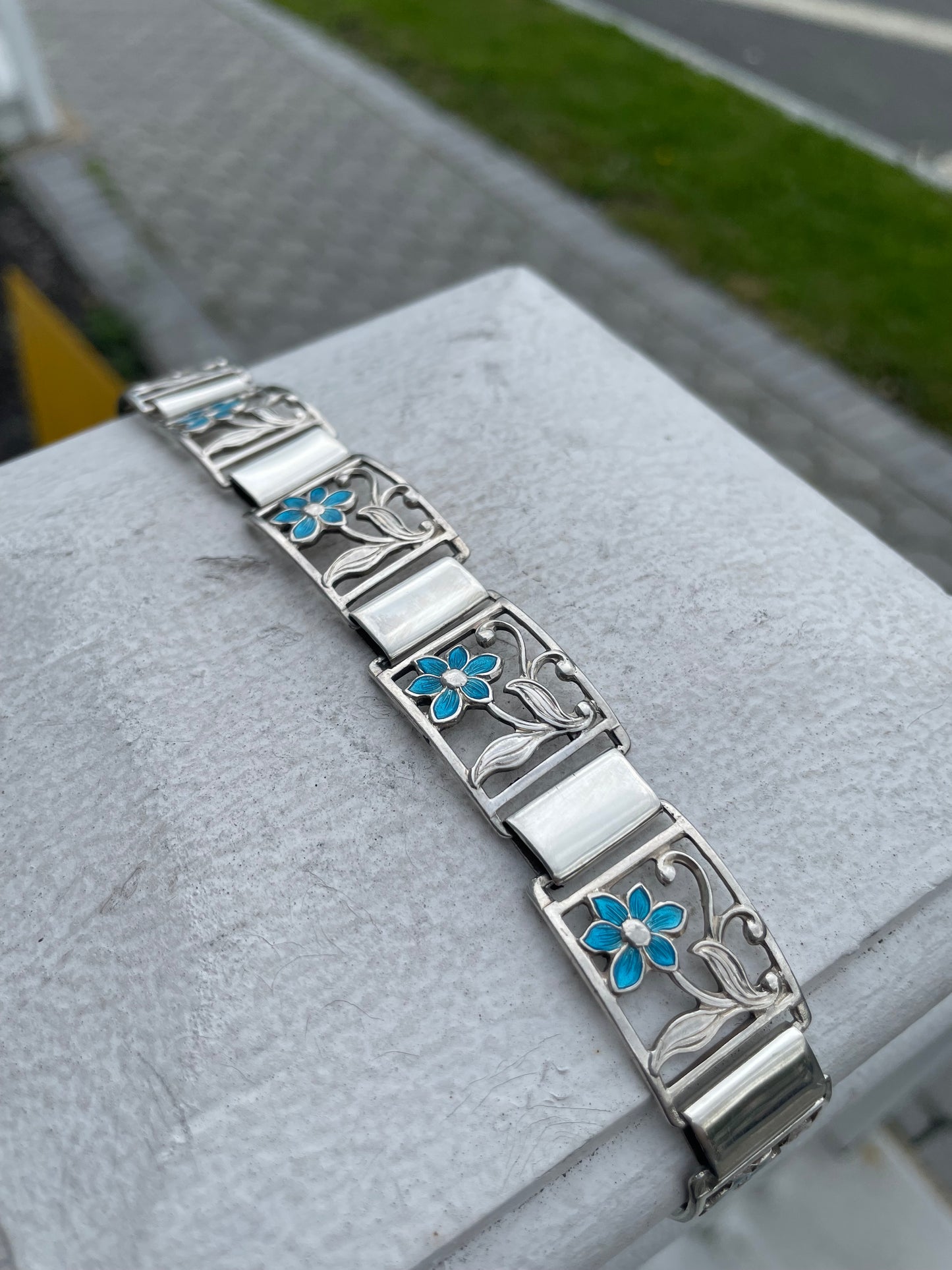 Designer Fir Munksgaard Denmark 925 Sterling Silver 309 Blue Flower Bracelet 6.75”