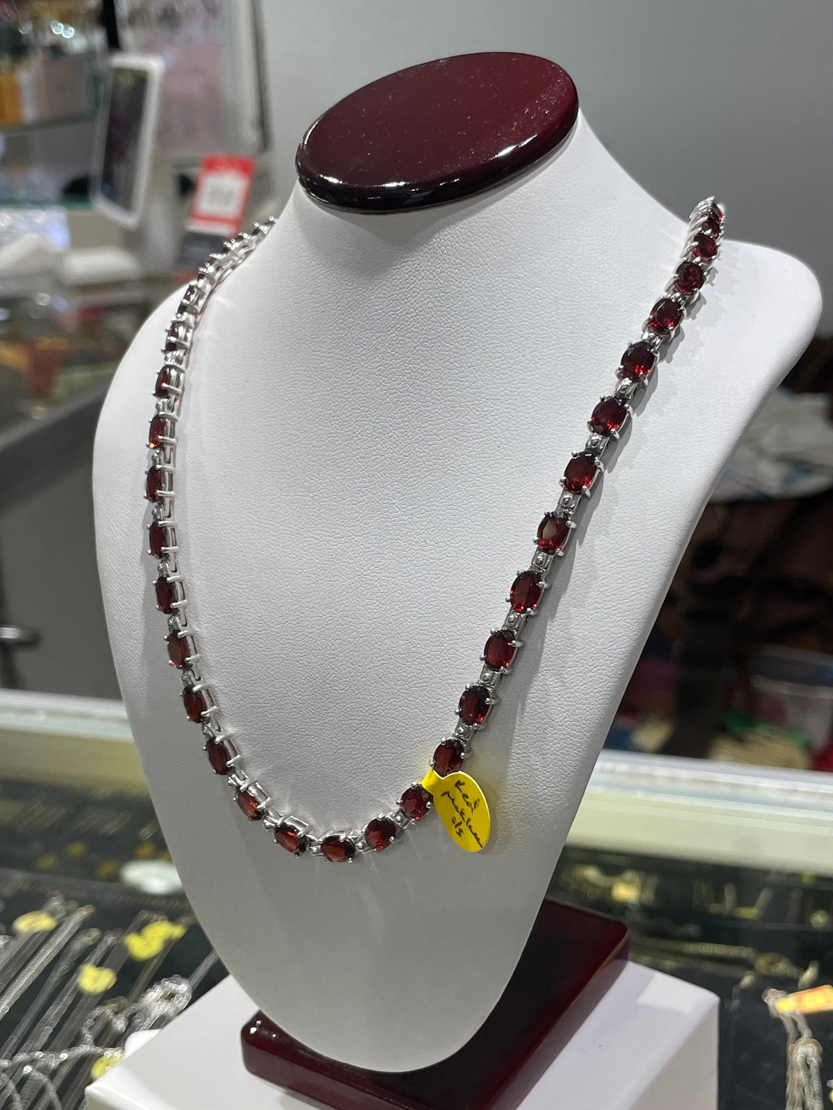 925 Sterling Silver Garnet Tennis Necklace 16”